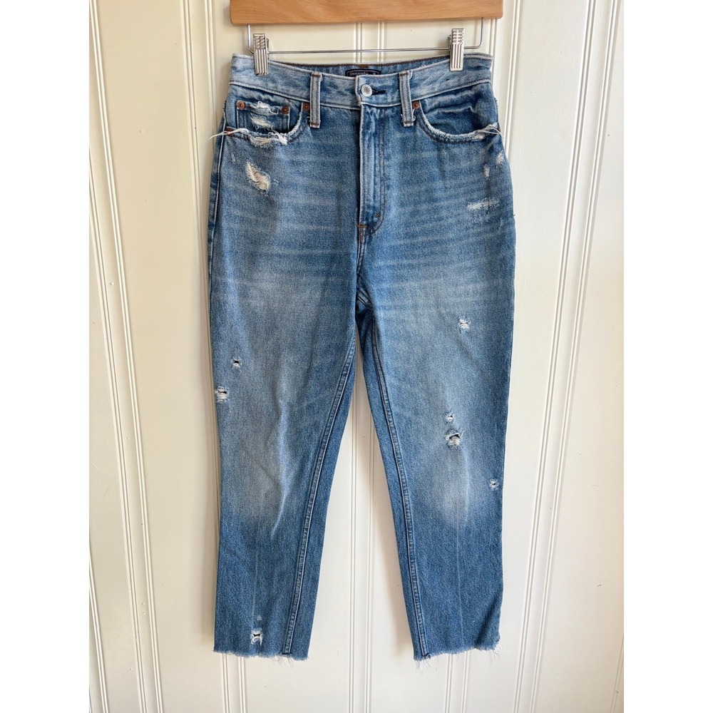 Abercrombie & Fitch High Rise Mom Jeans Distressed Medium Wash Blue 26 2R Cotton - Picture 1 of 6
